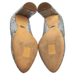 Pre Owned حذاء كعب عالي ديور جلد فضي ترتر كعب مربع سميك مقاس 38