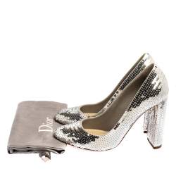 Pre Owned حذاء كعب عالي ديور جلد فضي ترتر كعب مربع سميك مقاس 38