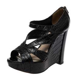 Dior Black Croc Embossed Leather Wedge Platform Strappy Sandals Size 38.5
