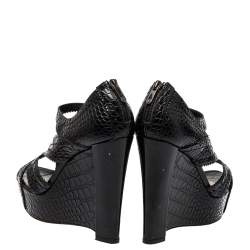 Dior Black Croc Embossed Leather Wedge Platform Strappy Sandals Size 38.5
