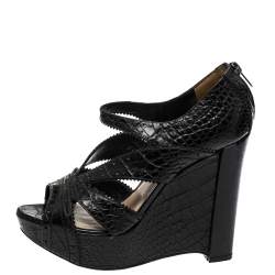 Dior Black Croc Embossed Leather Wedge Platform Strappy Sandals Size 38.5