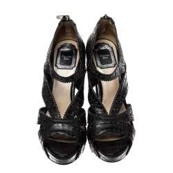 Dior Black Croc Embossed Leather Wedge Platform Strappy Sandals Size 38.5