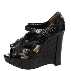 Dior Black Croc Embossed Leather Wedge Platform Strappy Sandals Size 38.5