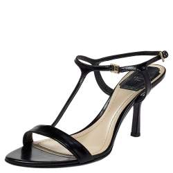 مملوكة مسبقًا Dior Black Leather T-Strap Sandals Size 37.5