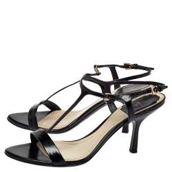 مملوكة مسبقًا Dior Black Leather T-Strap Sandals Size 37.5