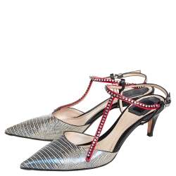 Pre Owned صندل ديور جلد نقشة السحلية ستراس مزين بحزام للكاحل مقدمة مدببة مقاس 38.5