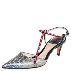 Pre Owned صندل ديور جلد نقشة السحلية ستراس مزين بحزام للكاحل مقدمة مدببة مقاس 38.5