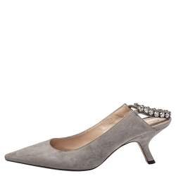 Dior Grey Suede Crystal Embellished Pointed Toe Slingback Sandals Size 38.5 