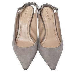Dior Grey Suede Crystal Embellished Pointed Toe Slingback Sandals Size 38.5 