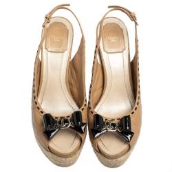 مملوكة مسبقًا Dior Beige Leather And Patent Bow Espadrilles Slingback Wedges Sandals Size 38