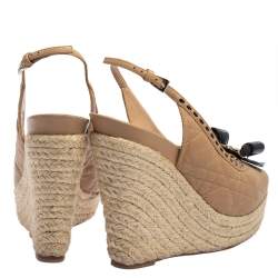 مملوكة مسبقًا Dior Beige Leather And Patent Bow Espadrilles Slingback Wedges Sandals Size 38