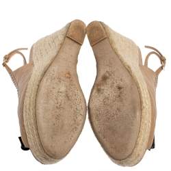 مملوكة مسبقًا Dior Beige Leather And Patent Bow Espadrilles Slingback Wedges Sandals Size 38