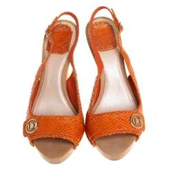 Dior Orange Python Embossed Leather Slingback Sandals Size 38