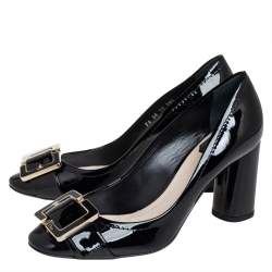 مملوكة مسبقًا Dior Black Leather Buckle Detail Block Heel Pumps Size 38.5