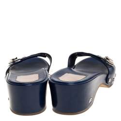 Dior Blue Leather Buckle Detail Platform Slide Sandals Size 37.5