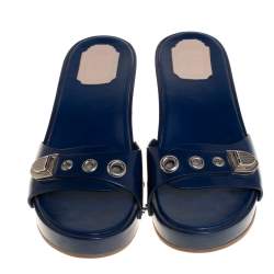 Dior Blue Leather Buckle Detail Platform Slide Sandals Size 37.5