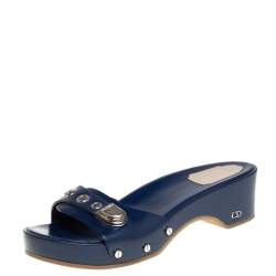 Dior Blue Leather Buckle Detail Platform Slide Sandals Size 37.5