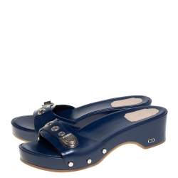Dior Blue Leather Buckle Detail Platform Slide Sandals Size 37.5
