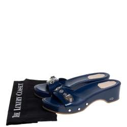 Dior Blue Leather Buckle Detail Platform Slide Sandals Size 37.5