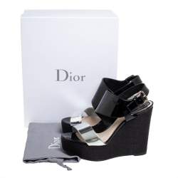 Pre Owned Dior Silver/Black Patent And Leather Wedge Slingback Platform Sandals Size 38