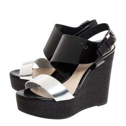 Pre Owned Dior Silver/Black Patent And Leather Wedge Slingback Platform Sandals Size 38