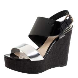 Pre Owned Dior Silver/Black Patent And Leather Wedge Slingback Platform Sandals Size 38