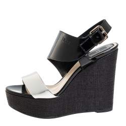 Pre Owned Dior Silver/Black Patent And Leather Wedge Slingback Platform Sandals Size 38