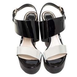 Pre Owned Dior Silver/Black Patent And Leather Wedge Slingback Platform Sandals Size 38