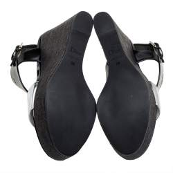 Pre Owned Dior Silver/Black Patent And Leather Wedge Slingback Platform Sandals Size 38