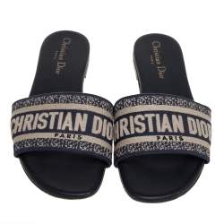 Pre Owned Dior Blue/White Canvas D-Way Slide Flats Size 38