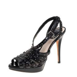 Pre Owned صندل ديور جلد أسود لامع بسيور مرصع حزام للكاحل مقاس 37.5