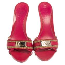 Pre Owned Dior Pink/Beige Leather And Canvas Mules Sandals Size 36.5