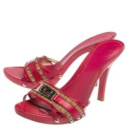 Pre Owned Dior Pink/Beige Leather And Canvas Mules Sandals Size 36.5