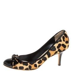 Dior Beige/Black Leopard Print Pony Hair and Patent Leather Bow Pumps Size 39.5