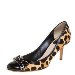 Dior Beige/Black Leopard Print Pony Hair and Patent Leather Bow Pumps Size 39.5