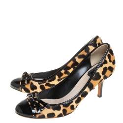 Dior Beige/Black Leopard Print Pony Hair and Patent Leather Bow Pumps Size 39.5