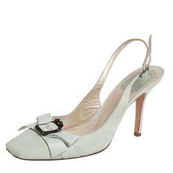 Pre Owned Dior Mint Green Suede and Leather Square Toe Slingback Bow Sandals Size 37.5