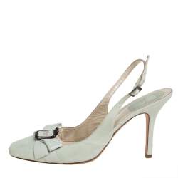 Pre Owned Dior Mint Green Suede and Leather Square Toe Slingback Bow Sandals Size 37.5