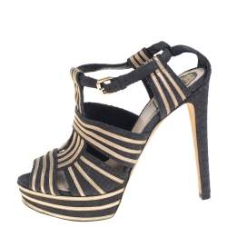 Pre Owned صندل ديور جلد ثعبان ذهبي/أسود وجلد نعل سميك بحزام للكاحل مقاس 39.5