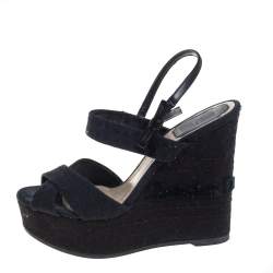 Pre Owned Dior Black Leather And Canvas Criss Cross Platform Wedge Slingback Sandals Size 37