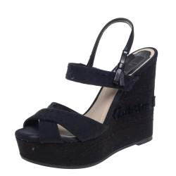 Pre Owned Dior Black Leather And Canvas Criss Cross Platform Wedge Slingback Sandals Size 37