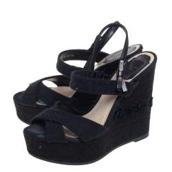 Pre Owned Dior Black Leather And Canvas Criss Cross Platform Wedge Slingback Sandals Size 37