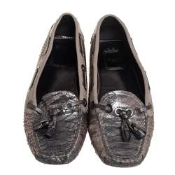 Pre Owned Dior Silver Python And Leather Slip on Loafers Size 37