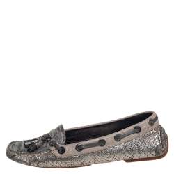 Pre Owned Dior Silver Python And Leather Slip on Loafers Size 37