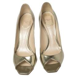 Pre Owned Dior Gold Patent Leather Peep Toe Pumps Size 37.5
