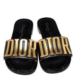 مملوكة مسبقًا صندل سلايد ديور ريفليوشن جلد أسود بالشعار مقاس 36