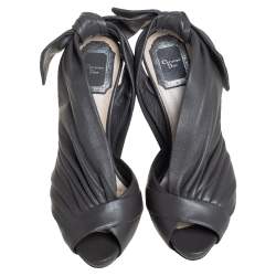 Pre Owned صندل ديور فتحة كعب فيونكة دورسيه مقدمة مفتوحة جلد طية رمادي مقاس 36.5