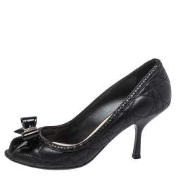 Pre Owned حذاء كعب عالي ديور جلد كاناج أسود مقدمة مفتوحة بفيونكة مقاس 36.5