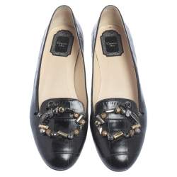 Pre Owned Dior Black Croc Embossed Leather Crystal Embellished Slip On Loafers Size 41