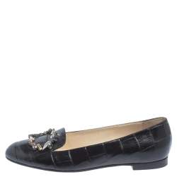 Pre Owned Dior Black Croc Embossed Leather Crystal Embellished Slip On Loafers Size 41